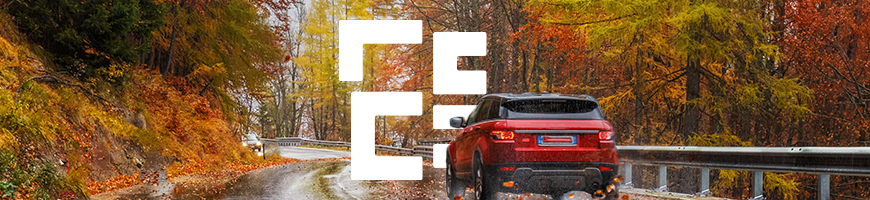 Colorful autumn leaves scattered across a winding road with a red Range Rover driving down it