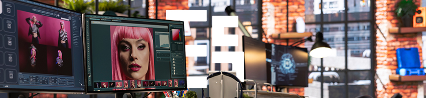 Editing suite with large monitors displaying editing software