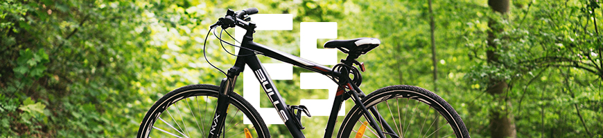 Black bicycle placed in the middle of the woods on a path in summer