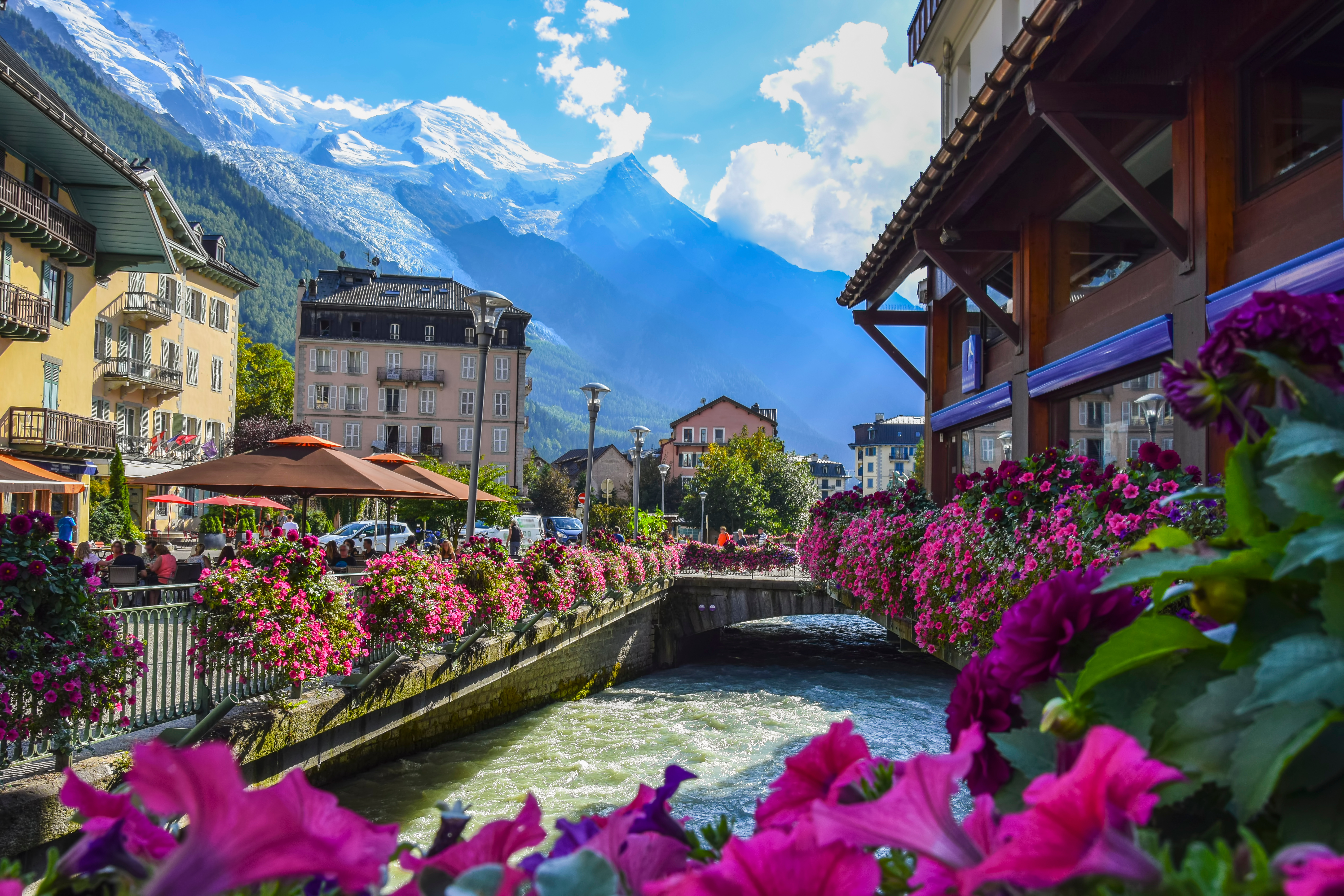View of the Arve river and Mont-Blanc massif from the centre of Chamonix
