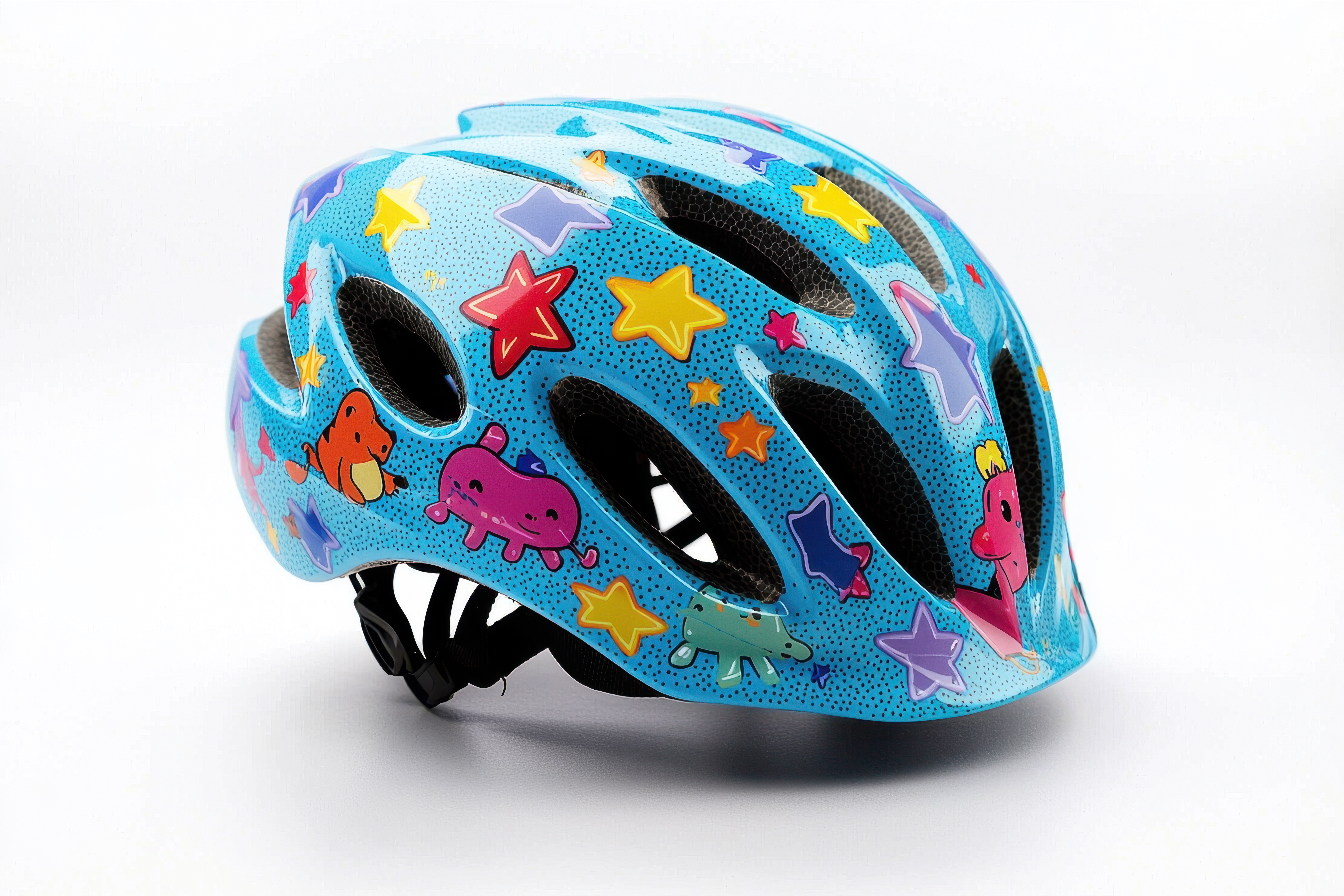 Blue bicycle helmet for children with a fun star and animals pattern