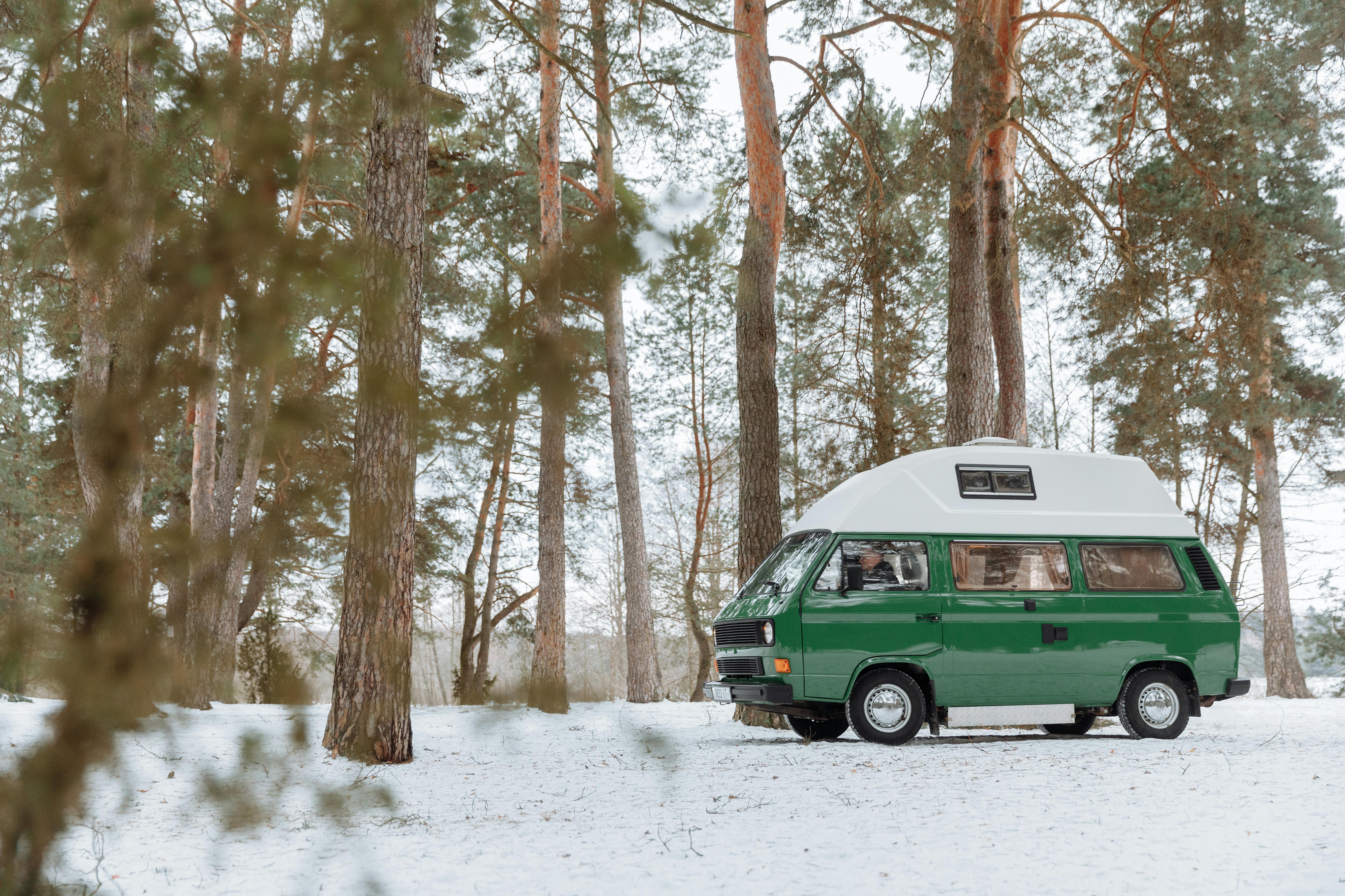 Touring caravan in snowy woods