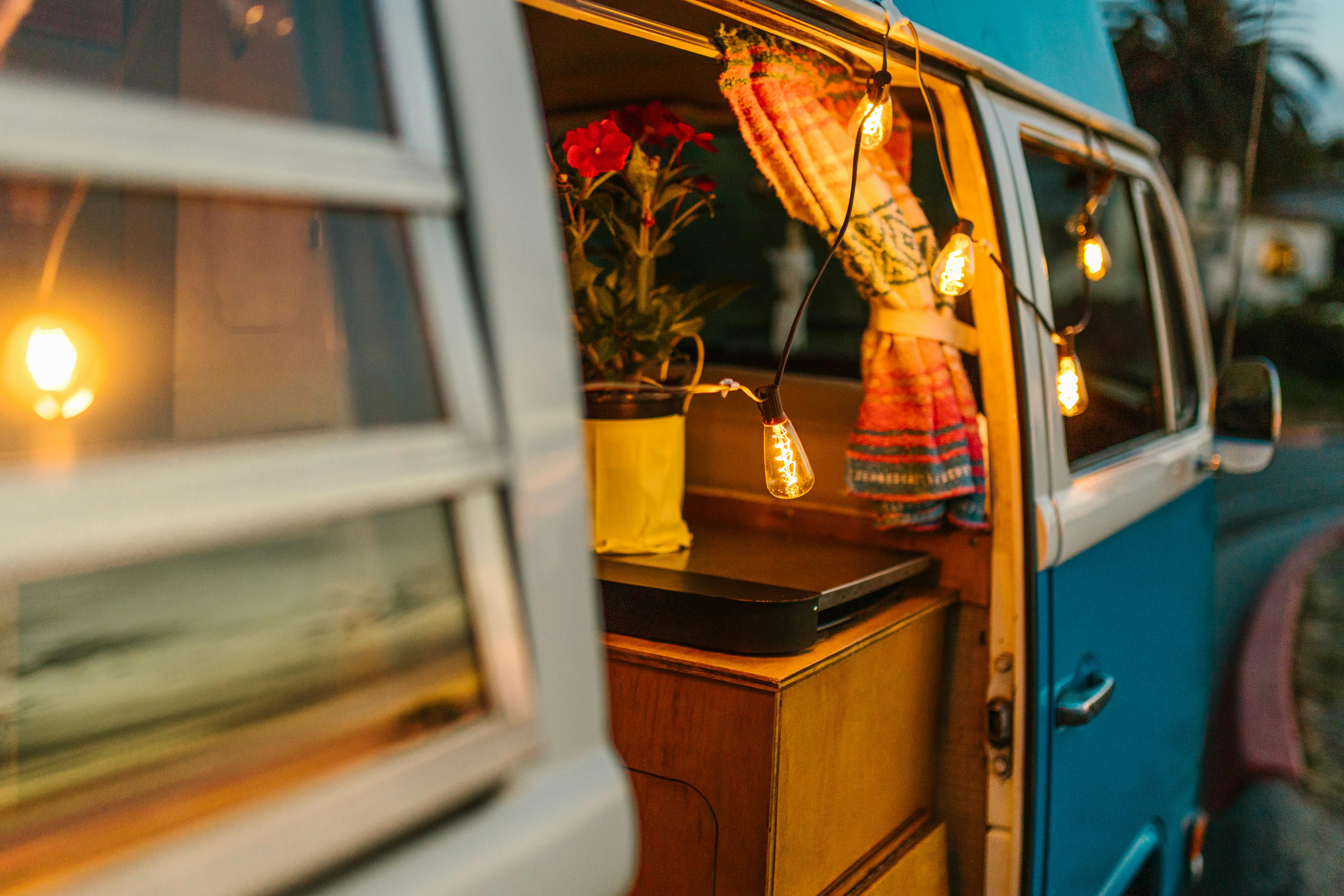 String lights hanging on touring caravan