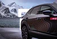 Black Avis hire car with water droplets on parked in front of snowy mountain