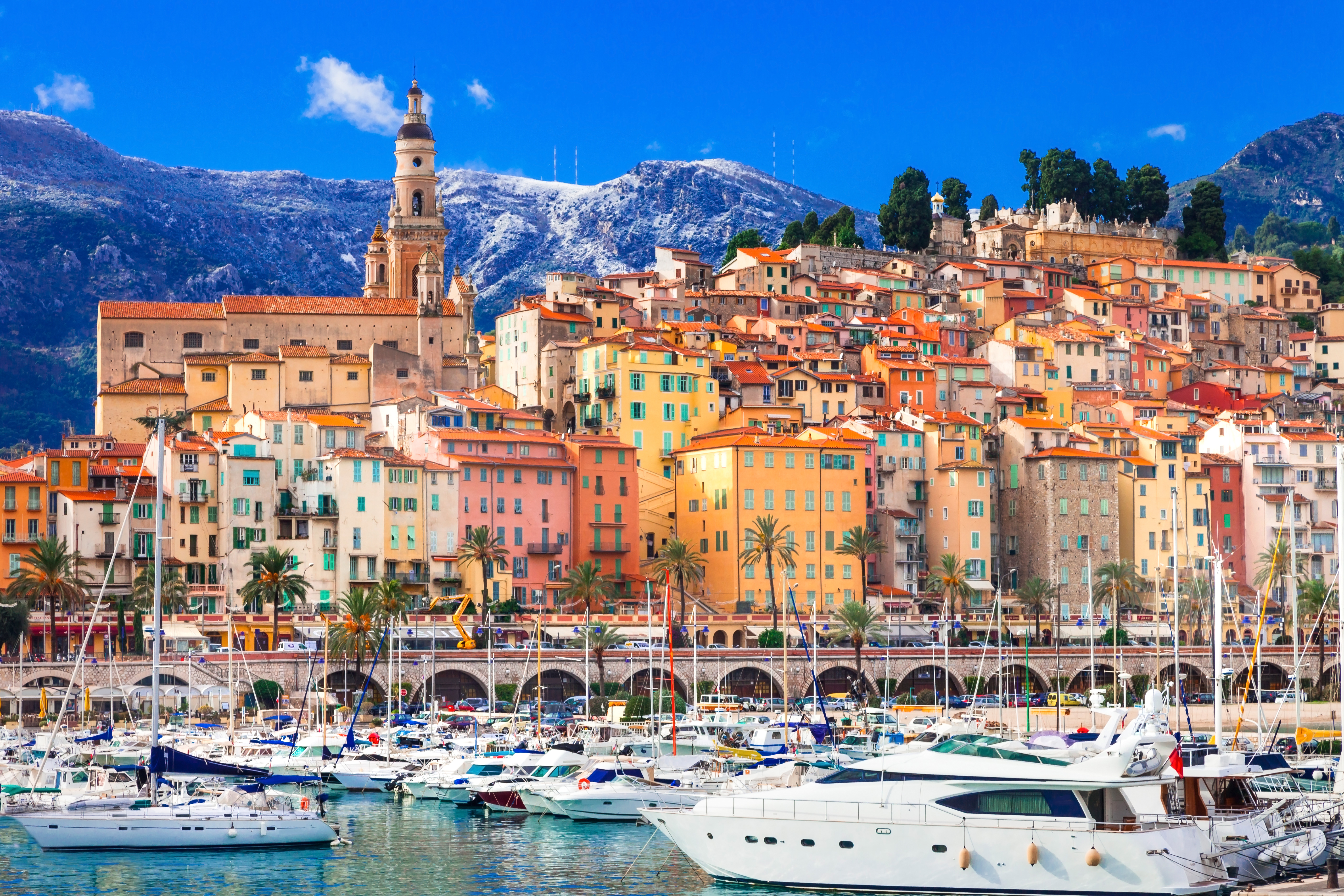 View of the colourful town of Menton in the French Riviera and its harbour