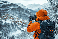 Man wrapped up warm photographing snow