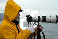 Man in a yellow raincoat with his hood up under an overcast sky holds a large camera with a telephoto lens by the sea