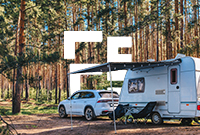 A touring caravan parked in a forest amongst trees and foliage