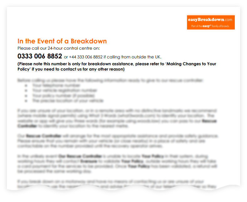 Example easyBreakdown emergency assistance number